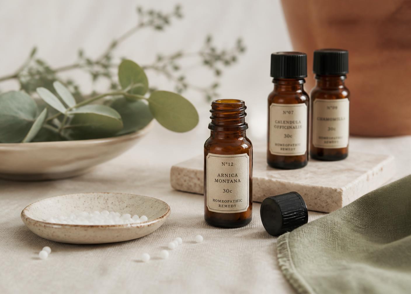 Homeopathische korrels en flesjes op linnen